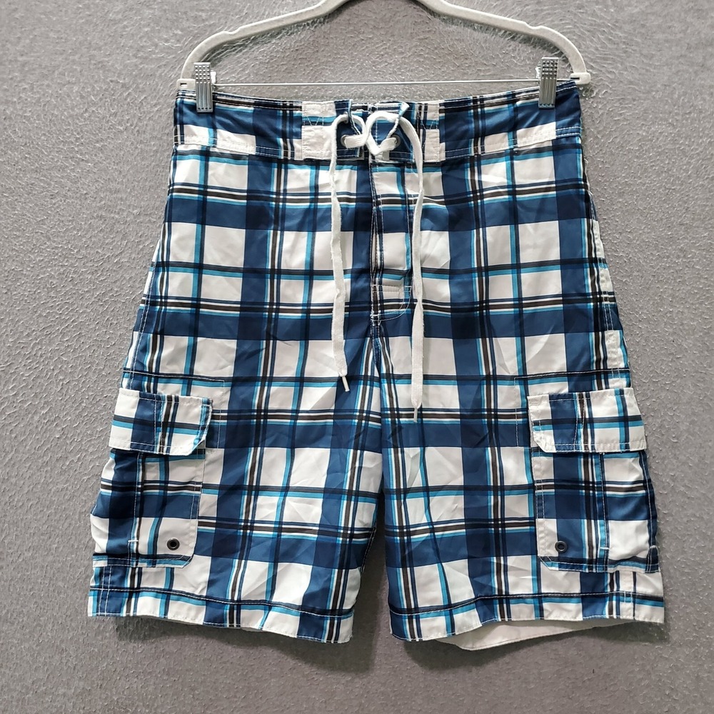 Merona Men Swimwear Medium Blue Plaid Trunks Pockets Drawstring 10"‎ Inseam